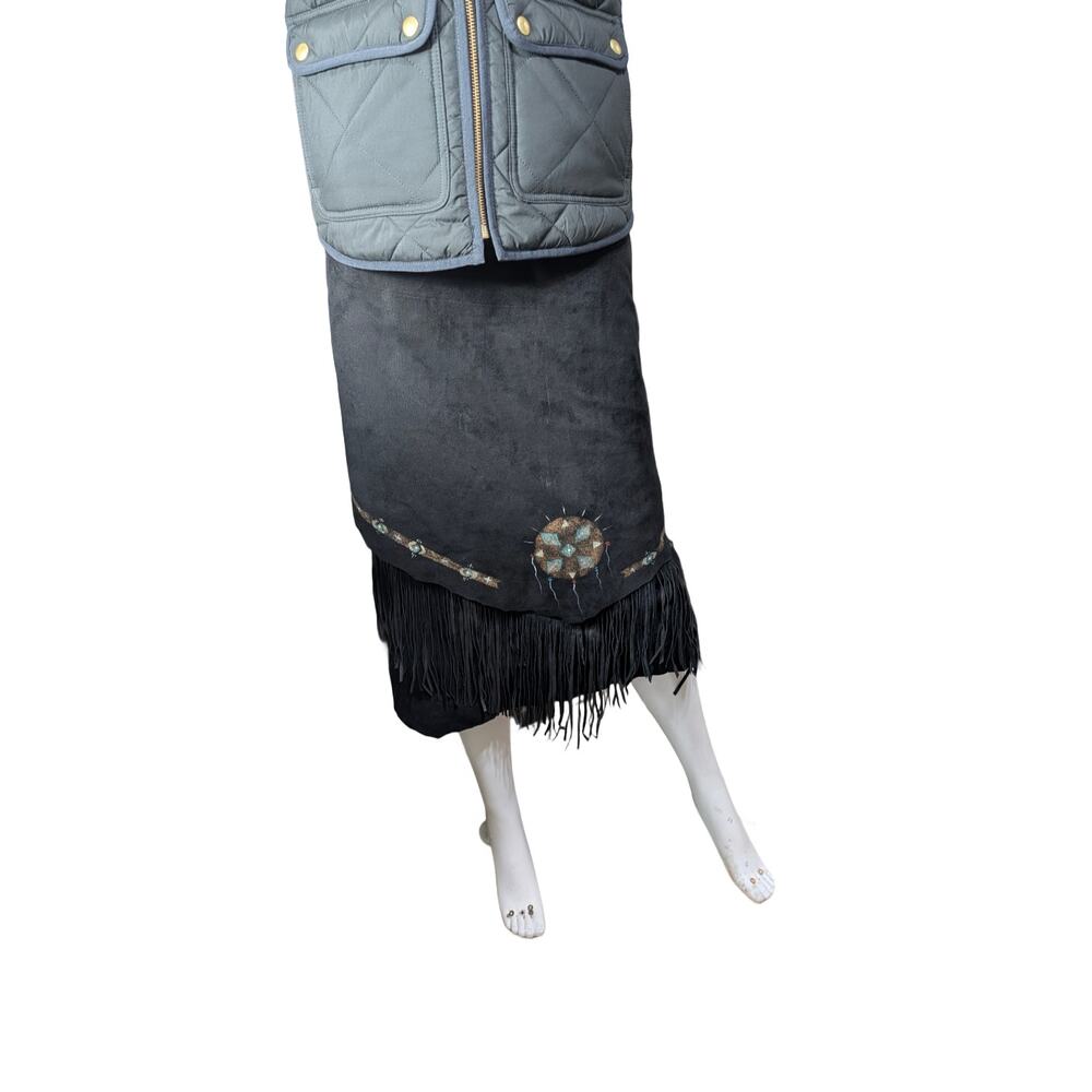 Patricia Wolf Hand-Painted Genuine Suede, Black Midi, Fringed Pencil Skirt Sz 4